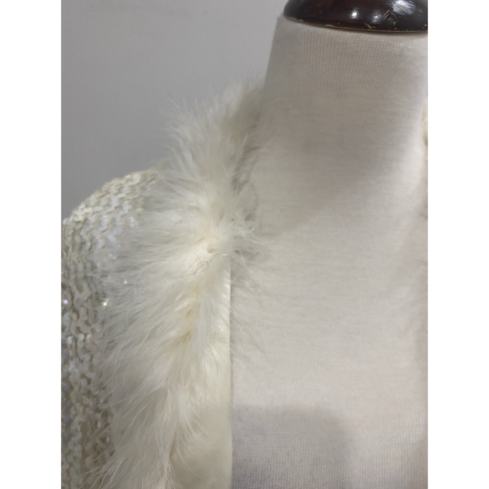 VTG‎ 60's Three Flags  White Sequinned W/ Feathers Light Coat Jacket Disco Party - Picture 4 of 11